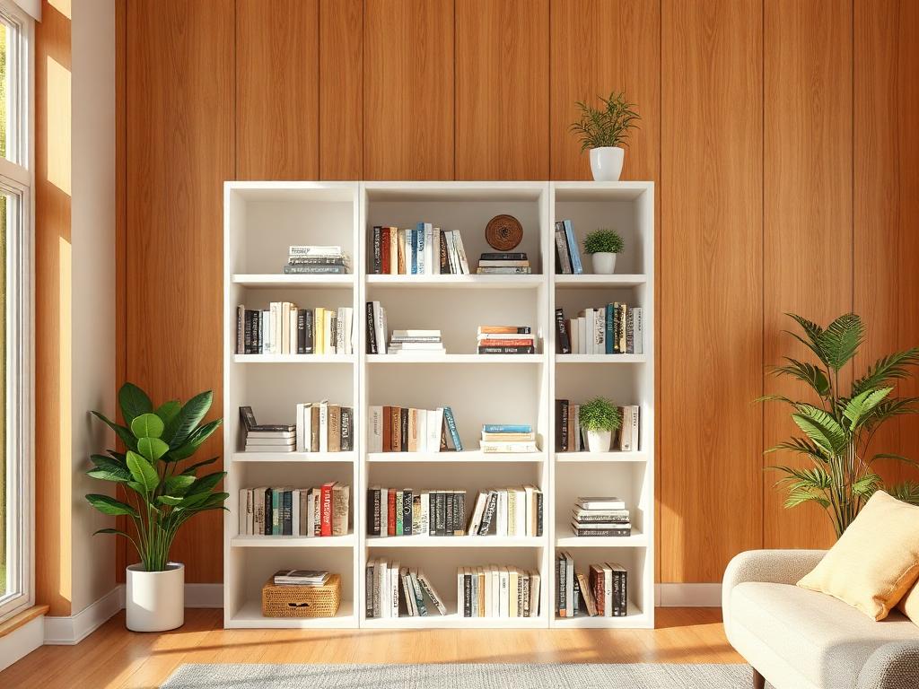Completed white three-bay bookcase wall filled with books and plants in a West Palm Beach living room