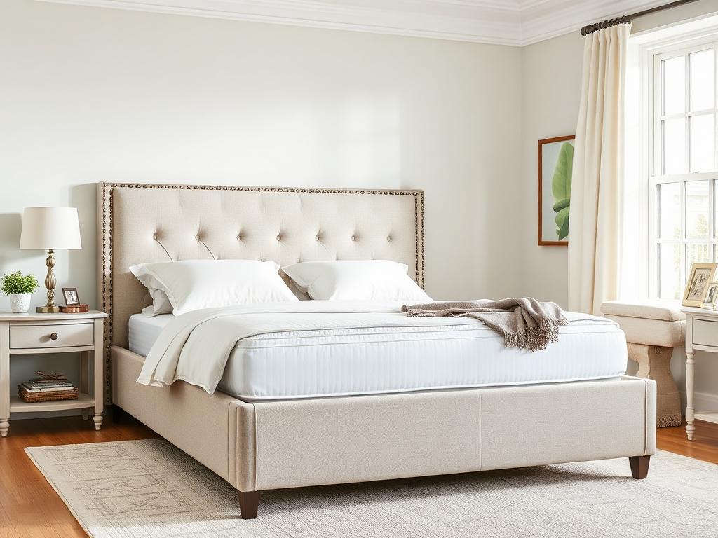 Assembled upholstered queen bed frame with mattress and bedding in a bright Delray Beach bedroom
