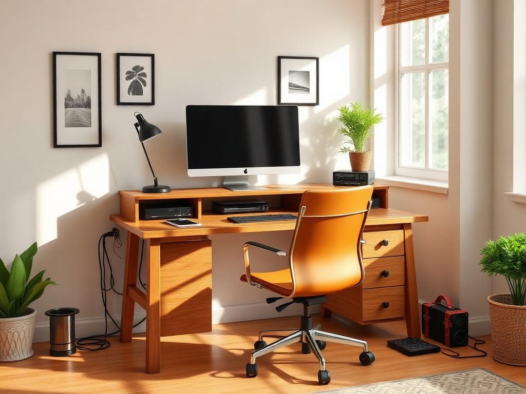 Finished home office with assembled oak desk, chair, monitor and tidy cable management in Boca Raton