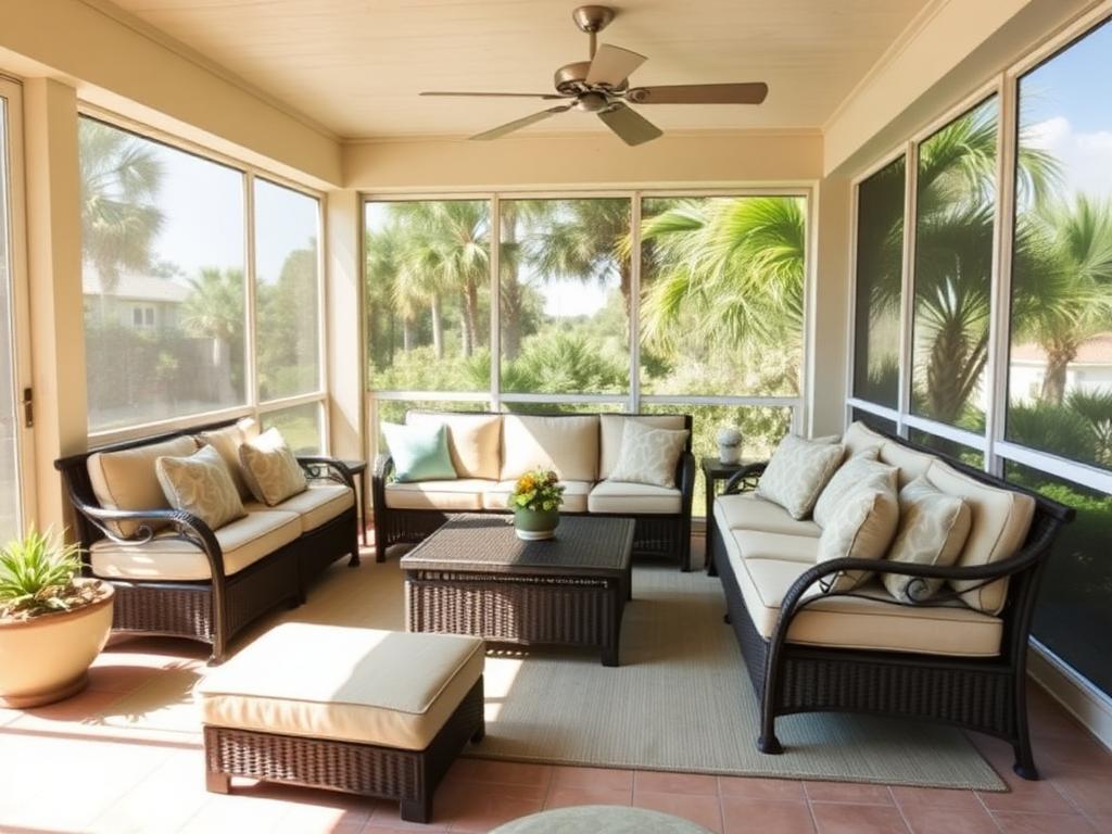 Assembled wicker patio sectional, ottoman and coffee table arranged on a Jupiter screened lanai