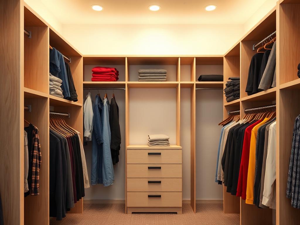 Installed walk-in closet system with shelving, drawers and hanging rods filled with clothes in Palm Beach Gardens