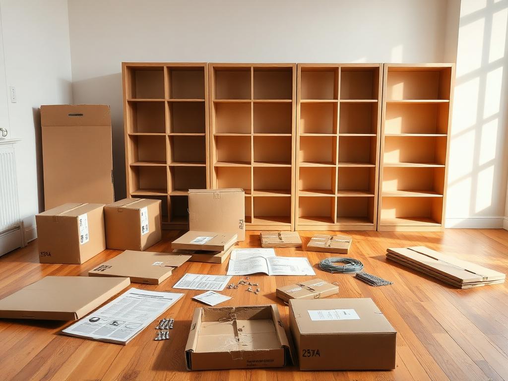 Flat-pack bookcase panels, cardboard boxes, screws and instruction sheets spread across a living room floor before assembly