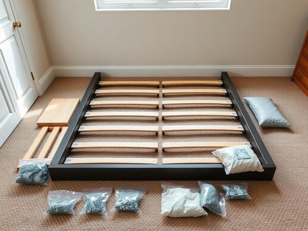 Disassembled bed frame rails, wooden slats and bagged hardware laid out on bedroom carpet before assembly