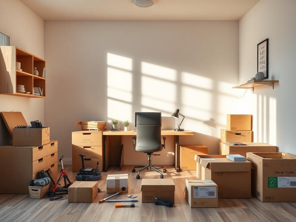 Spare room filled with unopened desk boxes, moving cartons and hand tools before the office was built