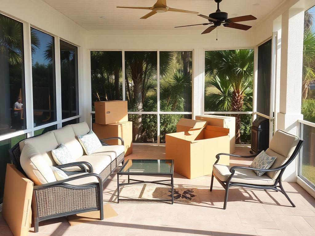 Patio furniture cartons stacked on a screened Florida lanai next to partially unpacked outdoor seating