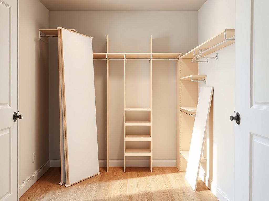 Unassembled closet organizer panels, shelves and hanging rails leaning against the walls of an empty walk-in closet